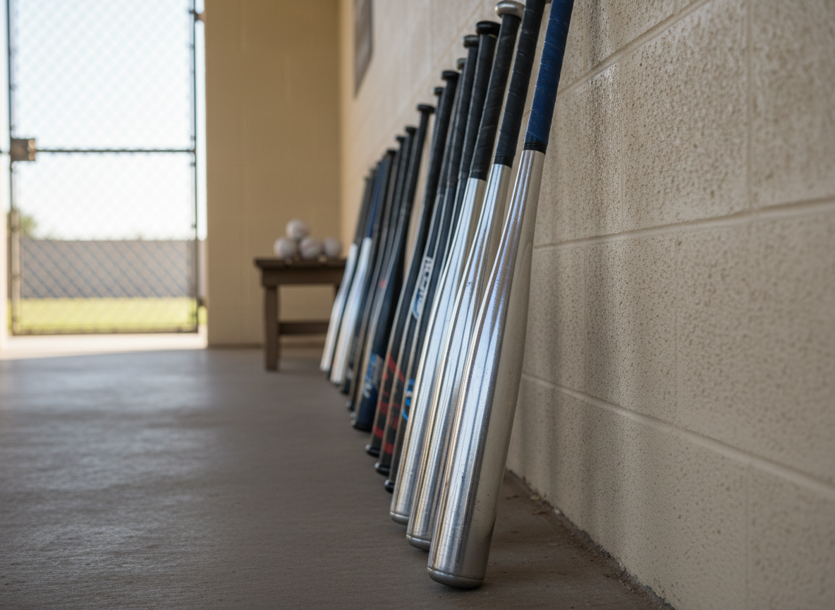 A meticulously arranged row of gleaming metal baseball bats—aluminum and composite—lined up against a clean, neutral-tone dugout wall featuring subtle textural details and fresh paint. Polished bat barrels reflect the soft, diffuse afternoon sunlight filtering through an open field gate, creating subtle highlights along the brushed metal. The composition uses a low side angle, focusing on bat grips leading the eye into the scene, with a shallow depth of field to keep attention on the foreground. The atmosphere is structured and disciplined, reflecting an organized and professional training environment.