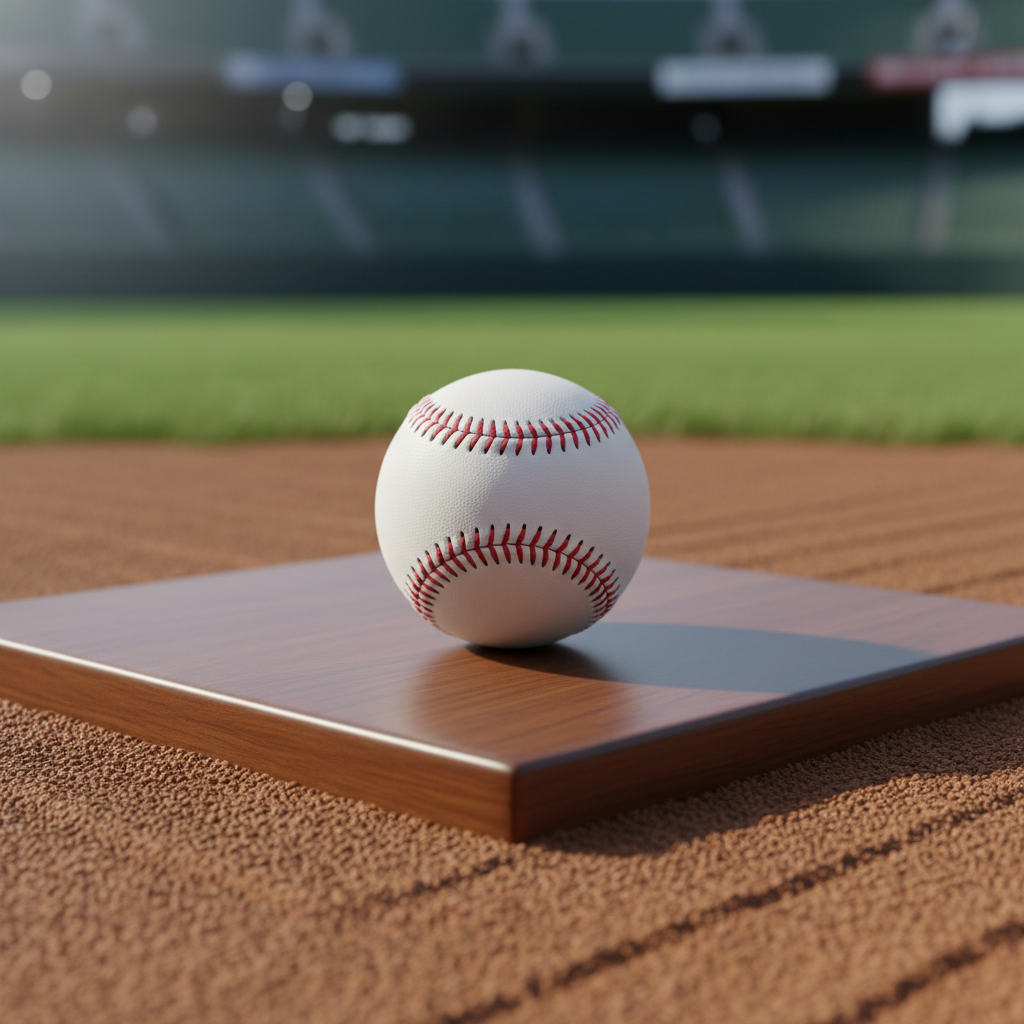 A crisp, regulation-size white baseball with distinctive red stitching, resting atop an elegant wooden home plate on a flawlessly groomed diamond. Fine granular infield dirt spreads evenly around the plate, with a blurred hint of the green outfield beyond, providing contextual depth. Soft studio lighting creates gentle highlights on the baseball’s curves and subtle shadows beneath, emphasizing its flawless surface. The composition is centered and balanced, rendered with photographic realism and a minimalist, corporate aesthetic. The scene conveys focus, precision, and the professionalism inherent in structured baseball training.