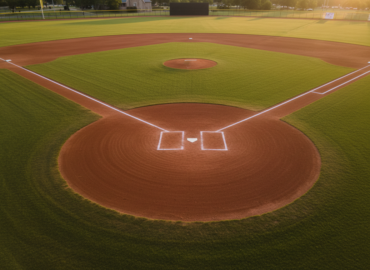A premium, modern pitching mound constructed from groomed red clay with sharp white rubber and defined, compacted edges, located at the center of a symmetrical, well-maintained varsity baseball field. The surrounding outfield is a seamless blend of deep green grass and clean boundary lines, presenting a precise look. Soft golden hour light spills across the mound creating warm highlights and gentle long shadows, enhancing the subtle textures in the clay. Captured from a slightly elevated third-base side angle, the composition is balanced and showcases the professional setting with clean lines and a photographic, modern aesthetic.