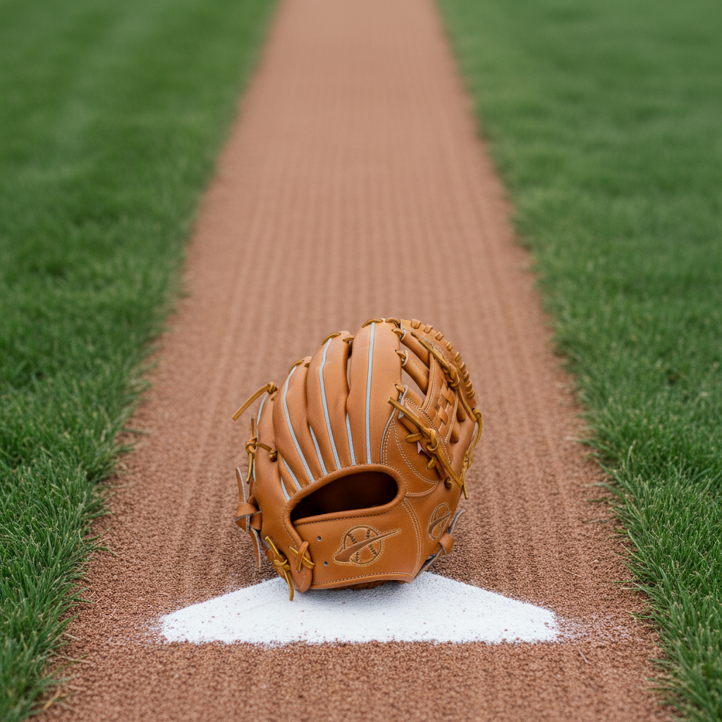 An immaculate, brand-new professional baseball glove crafted from rich tan leather, resting on a pristine white chalked foul line of a perfectly maintained infield. The surrounding infield dirt is smoothed with subtle rakes, and lush, manicured green grass frames the scene on either side. Soft overcast daylight evenly illuminates the scene, minimizing harsh shadows and allowing the glove’s textures to stand out. The composition is taken from a gentle eye-level angle, glove centered using rule of thirds, with a sharp focus highlighting every stitch for a structured, clean corporate look. The mood is professional and aspirational, ideal for a baseball training business.