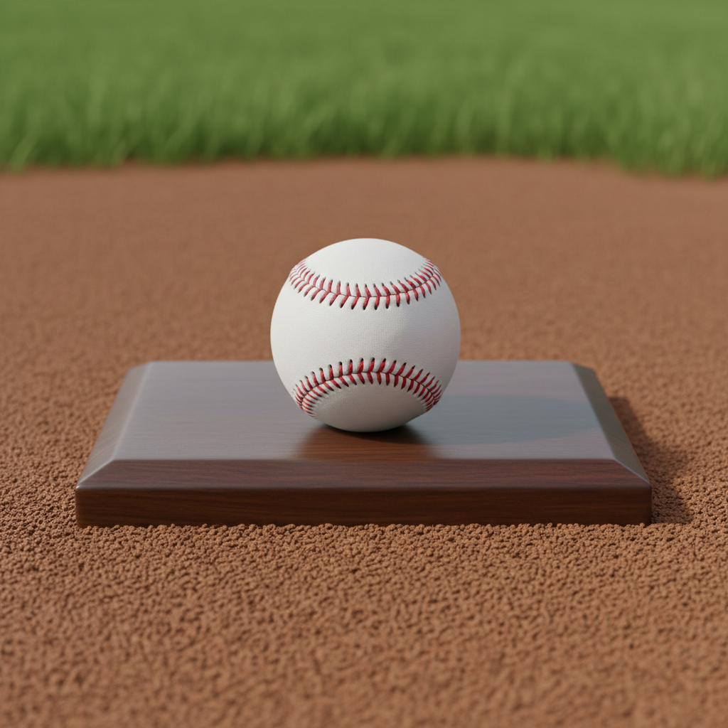 A crisp, regulation-size white baseball with distinctive red stitching, resting atop an elegant wooden home plate on a flawlessly groomed diamond. Fine granular infield dirt spreads evenly around the plate, with a blurred hint of the green outfield beyond, providing contextual depth. Soft studio lighting creates gentle highlights on the baseball’s curves and subtle shadows beneath, emphasizing its flawless surface. The composition is centered and balanced, rendered with photographic realism and a minimalist, corporate aesthetic. The scene conveys focus, precision, and the professionalism inherent in structured baseball training.