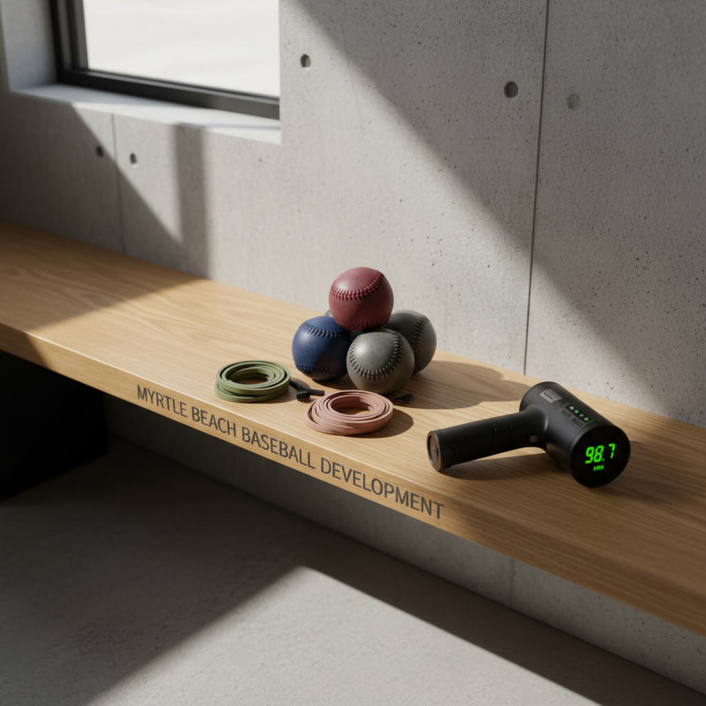 A set of specialized baseball training equipment, including weighted leather balls, resistance bands in muted tones, and a digital radar gun with a sleek matte black finish, all neatly arranged on a polished oak bench. The bench sits against a structured, light gray concrete wall with minimal design and soft, indirect natural lighting streaming from a high dugout window, casting elegant shadows and subtle highlights. The well-organized layout exudes efficiency and attention to detail, photographed at a slight overhead angle with balanced composition. The mood is focused and methodical, perfectly aligning with the professional, corporate aesthetic of a baseball training business in Myrtle Beach.